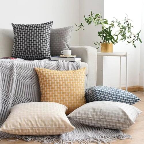 Plain Cushion Cover Woven Pattern Square Pillow Case Yellow Beige Grey Cotton Pillow Cover 45x45cm Home Decoration Sofa