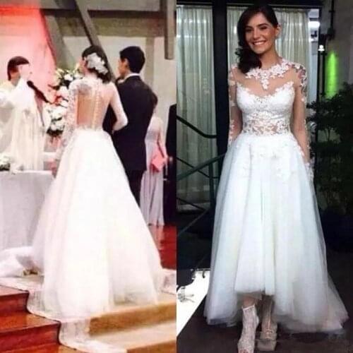 Romantic A Line Lace Wedding Dresses Sheer Neck Long Sleeves Sexy Tull Appliques Wedding Bridal Gown