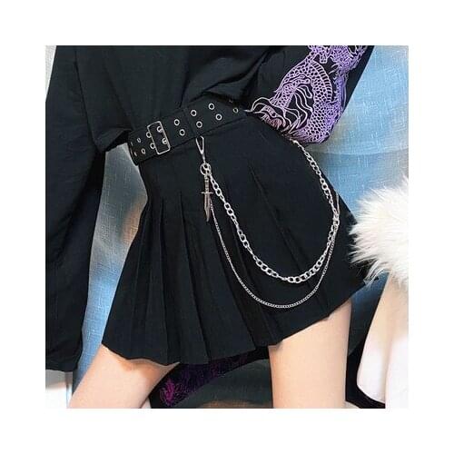 Ruibbit Summer Autumn Women Skirts Harajuku Gothic Black Sexy Pleated Skirt Punk Style High Waist Short Skirts With Belt Chain