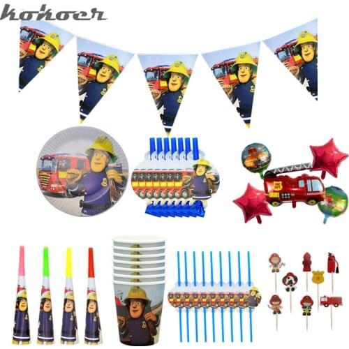 Fireman Sam Birthday Party Decorations Banner Fire Engine Fighter Theme Paper Cups Plates Horn Favors Baby Shower party supplies
