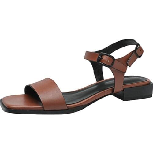 Women Sandals Genuine Leather Material Comfortable Lining 2CM Thick High-heeled Retro Open Toe Female Shoes Size 34-43