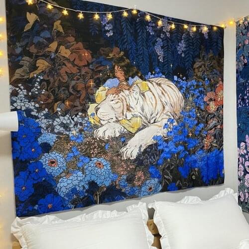 Nordic Forest Girl Large Background Cloth Dormitory Bedroom Bedside Wall Decoration Tapestry Tiger Illustration Hanging Home