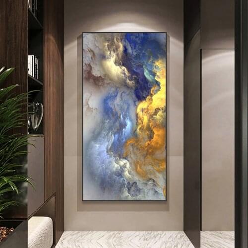 Nordic Decor Abstract Cloud Mist Golden And Blue Wall Art Canvas Posters And Prints Fantasy Painting Pictures For Living Room