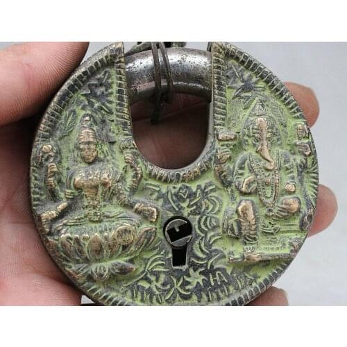 SCY Old Tibet Buddhism Bronze Ganesha Lord Buddha 4 arms Chenrezig Statue Locks keys