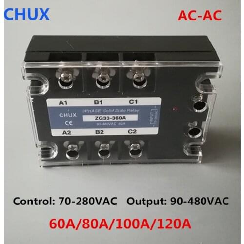 CHUX Three Phases Solid State Relay 60a 80a 100a 120a 90-480VAC ZG33 70-280v AC to AC 3 SSR Relay