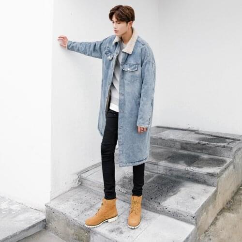 Mens Blue Denim Long Trench Coat Thick Warm Plush Lining Casual Loose K34