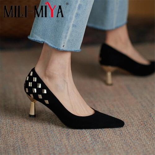 MILI-MIYA Sexy Pointed Toe Women Full Genuine Leather Pumps Thin Heels Slip On Spring Autumn Dress Party Shoes Size 34-40