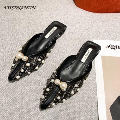 Fashion Pointed Toe Flat Half Slippers Female Summer 2021 New Soft Bottom Pearl Temperament Ladies Lazy Muller Shoes