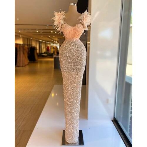 Verngo Luxury Orange Sequin Long Prom Dresses For Dubai Women Feather Shoudler Sleeves Sweetheart Evening Gowns Pageant Dress