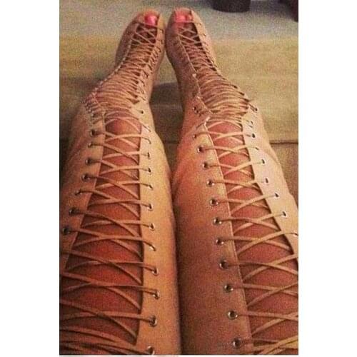 Spring Summer New Fashion Women Open Toe Lace-up High Heel Gladiator Boots Sexy Over Knee Slim Style High Heel Boots Dress Shoes