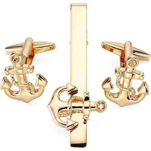 High Quality Luxury Tie Clip& Cufflinks golden Ship Anchor Cuff Link and Tie Clip Set Man French Shirt Button Wholesale