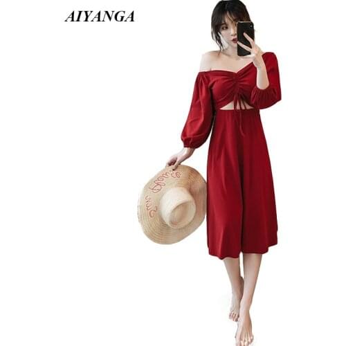 XL-4XL 2019 Sexy Beach Dress Women Spring Summer Dresses Female Hollow Out Slash Neck Off Shoulder Chic Plus Size Dress Red