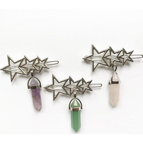Hair Clip Star Shaped Metal Fashion Jewelry Hair Clips Accessories for Women Girls with Crystal Stone Quartz Hexagon Pendant