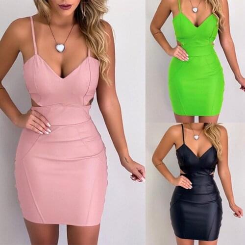 Women Faux Leather Mini Dress Spaghetti Strap Sheath PU Clothing Sexy Deep V Neck Slim Bodycon Club Party Short Dresses Female