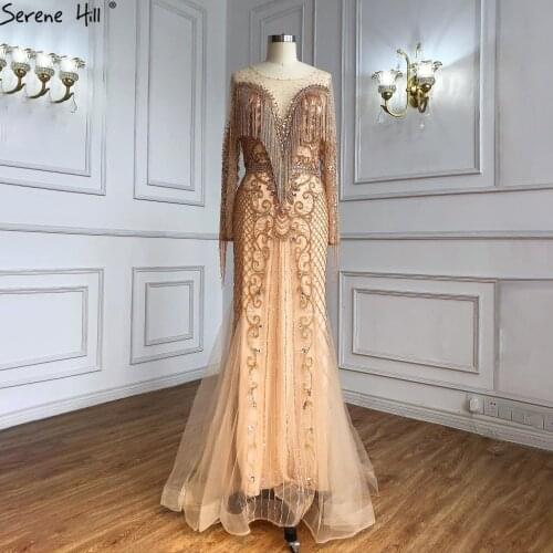 Serene Hill Dubai Gold Luxury Beaded Tassels Evening Gown For Women 2021 Long Sleeves O-Neck Formal Party Dress CLA60780