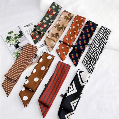 DHL 200pcs Small Print Silk Scarf For Women Handle Bag Ribbons Brand Fashion Head Scarf Small Long Skinny Scarves