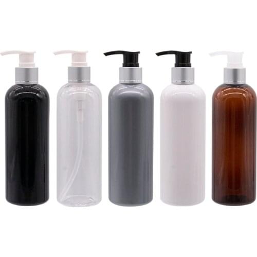 Round Shoulder Plastic Bottle With Silver Collar Lotion Pump 300ML White Black Gray Cosmetic Pump Container Screw Dispenser
