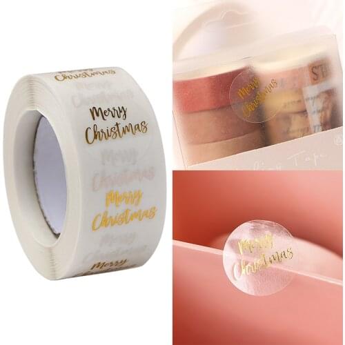 500pcs/roll 2.5cm Gilled Merry Christmas Stickers Round Plastic Transparent Party Gift Seal Label Decoration Stationery Sticker