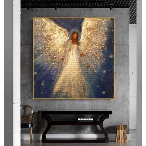 Abstract Figure Angel Girl with Golden Wings Canvas Painting Posters Prints Wall Art Pictures for Living Room Home Decor Cuadros