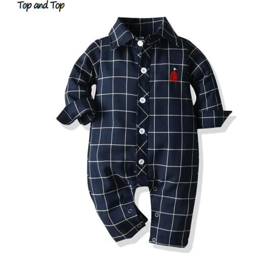 Top and Top Fashion Baby Boys Gentleman Rompers Long Sleeve Plaid Cotton Infant Toddler Jumpsuit Newborn Formal Clothes Bebes