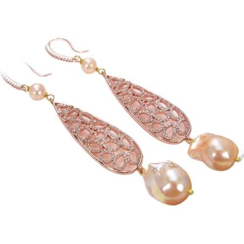 GG Jewelry Pink Keshi Pearl Rose Gold Plated CZ Pave Teardrop Earrings