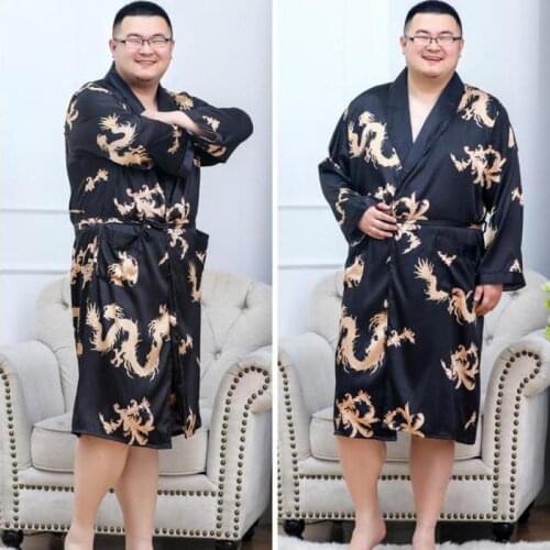 Large Size 5XL Men Satin Robe Dragon Print Bathrobe Gown Long Sleeve Sleepwear Male Loungewear Casual Nightgown