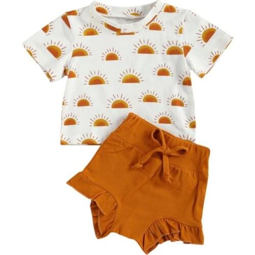 Baby Girls Two-piece Clothes Set Sun Printed Pattern Short Sleeve T shirt Tops Solid Color Shorts Summer Babys Sets