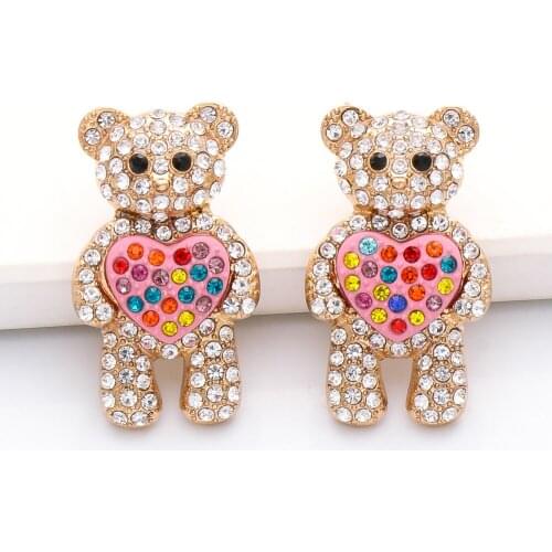 Fashion Cute Cartoon Teddy Bear Shape Stub Earrings Crystal Heart Statement Earrings for Women