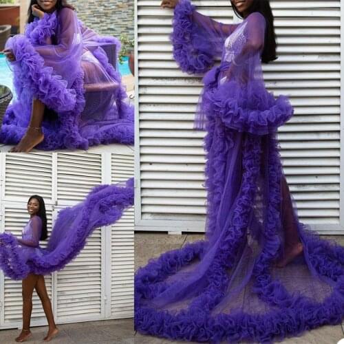 Fashion Purple Pregnant Women Photoshoot Dress Sleepwear Sexy Illusion Photograph V Neck Robes Tiered Ruffles Bridal Bathrobe