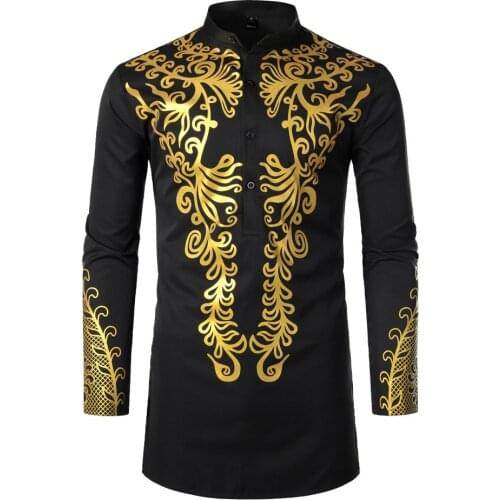 African Ethnic Style Long Sleeve Men Shirt Slim Button Print Stand Collar Color Block Spring Fall Mid-Length Tee Male Top Young