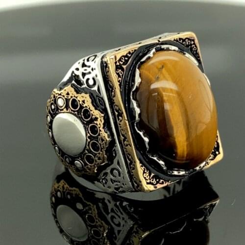 Tiger Eye Gemstone Handmade Sterling Silver Men Ring, Ottoman Jewelry , Turkish Handmade Mens Ring, Vintage Style Gift for Him