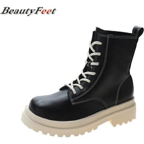 New Autumn Winter Ankle Boots Thick Bottom Square Low Heels Platform Boots Lace up Solid Leather Motorcycle Boots Plus Size