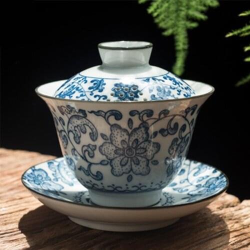 Retro Blue and White Porcelain Cover Bowl Ceramic Large Tea Bowl Chinese Ceramic Tea Bowl Large-capacity Household Tea Maker