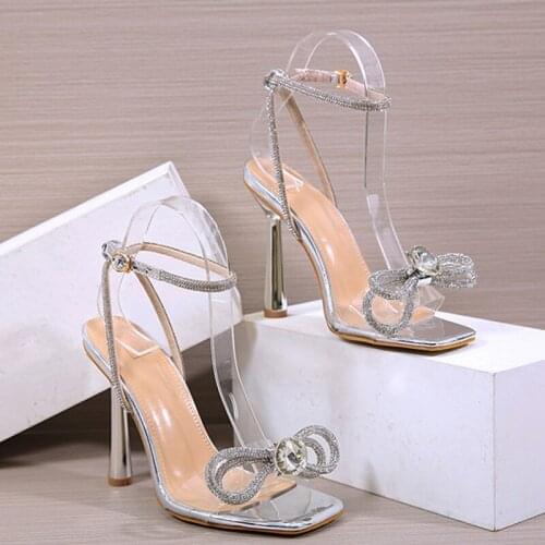 Fashion Women Gladiator Sandals Sexy Silver Crystal Bow-Knot 11cm High Heels Sandals Summer Party Dress Shoes Buckles Pumps