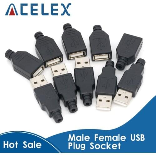 10pcs Type A Male Female USB 4 Pin Plug Socket Connector With Black Plastic Cover Type-A DIY Kits