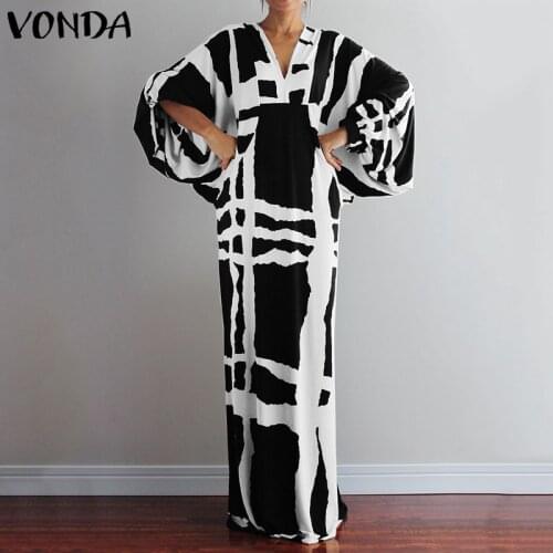 VONDA Vintage Long Maxi Dress 2021 Autumn Sexy V Neck Long Sleeve Printed Dresses Femme Loose Sundress Casual Bohemian Vestidos