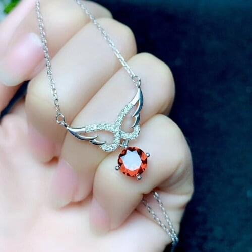 CoLife Jewelry Fashion 925 Silver Wing Necklace with Gemstone 7mm Natural Garnet Necklace for Young Girl Silver Garnet Jewelry