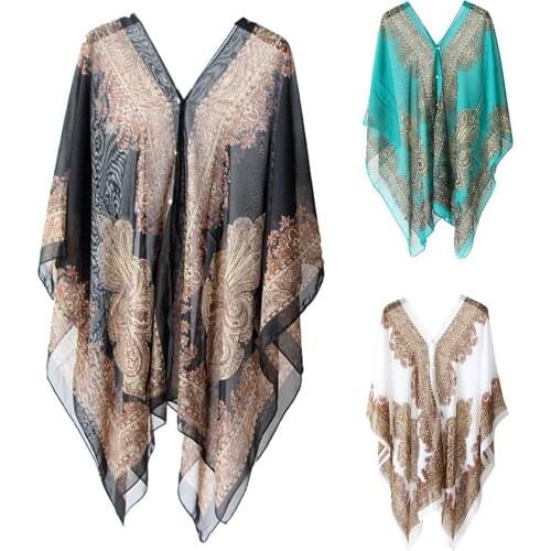 Women Summer Beach Bikini Cover Up Loose Chiffon Blouse Shawl Scarf with Buttons