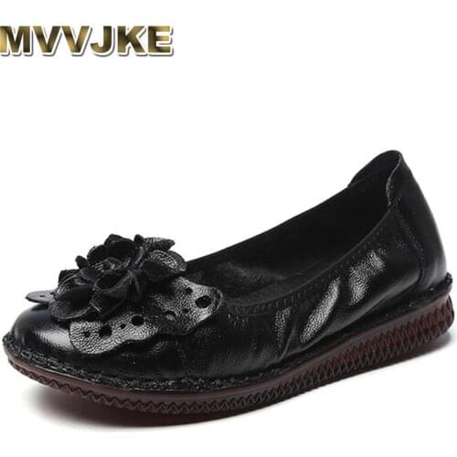 MVVJKE 2020 Spring Handmade Vintage Round Toe Flat Shoes Woman Genuine Leather With Flowers Soft Bottom Slip On Ladies Moccasins