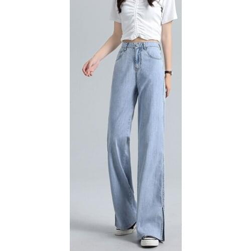 High Waist Tencel Jeans Fashion Loose Wide Leg Pants Split Thin Denim Trousers Women Full Length Pockets Bottoms P925
