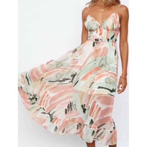 Boho Inspired summer new style printed straps dress women ruffle hem belt tied sexy ladies dress long boho beach dress for women