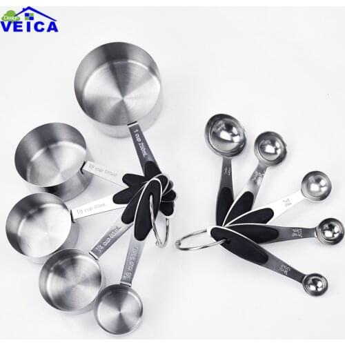 10pcs/set Stainless Steel Measuring Cups Measuring Spoon Scoop Silicone Black Handle Kitchen Tool