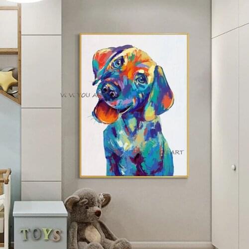 100% Abstract Handmade Cartoon Dog Oil Painting On Canvas Palette Knife Animals Painting Wall Art For Children Room Decoration