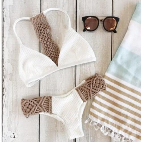 2021 Hot Knitted Bikini Set Women Summer Khaki Halter Swimwear Bikini Set Push-up Low Waist Bra Bathing Suit Swimsuit Hollow Out