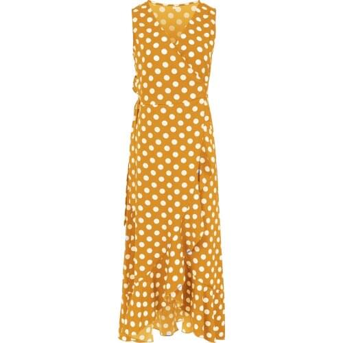 Boho Ladies Sleeveless Polka Dot Printed Dresses Holiday Ankle-Length Ruffles V-Neck Beach Female Long Split Maxi Bohemian Dress