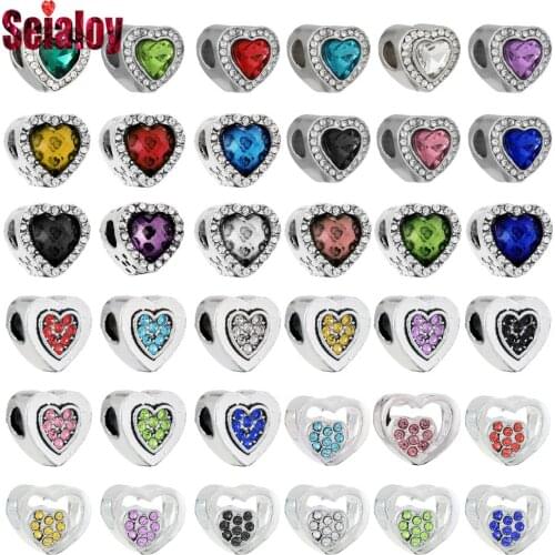 Seialoy 9 Color Crystal Heart Beaded Silver Color Large Hole Love Heart Beads Fit Diy Couple Bracelets Jewelry Making Accessory