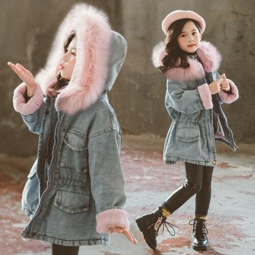 Girls Winter Denim Jackets Plus Velvet Hooded fur Collar Girls Outerwear Coat 6 8 10 Years Kids Clothes Baby Thick Coats