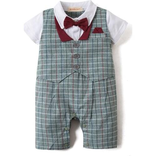 Newborn Baby Rompers Summer Green Plaid Clothes Boys Short Sleeve Outfit Children Formal One-pieces Tuxedo Cotton White Red