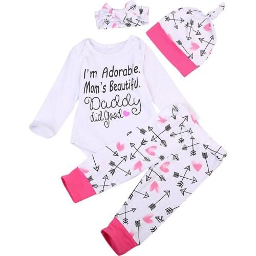 Letters Print Kids Girl Outfits Set Autumn Newborn Baby Girl Long Sleeve Rompers Pants Hat Headband 4Pcs Outfits Set Clothes