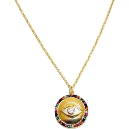 Round coin pendant necklaces paved black colorful cubic zirconia Evil eye engraved geometric fashion necklace